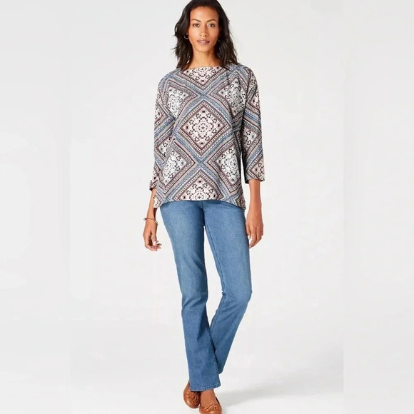 J Jill diamond pattern 3/4 sleeve blouse button back size medium A26 - Picture 2 of 10